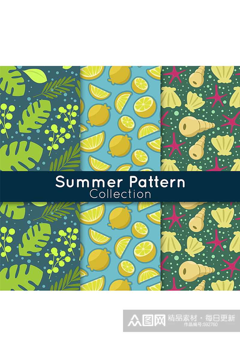 3款彩色夏季动植物无缝背景矢量图素材
