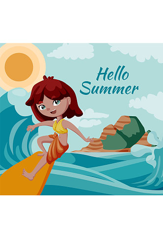 卡通夏季海上冲浪的女孩矢量素材