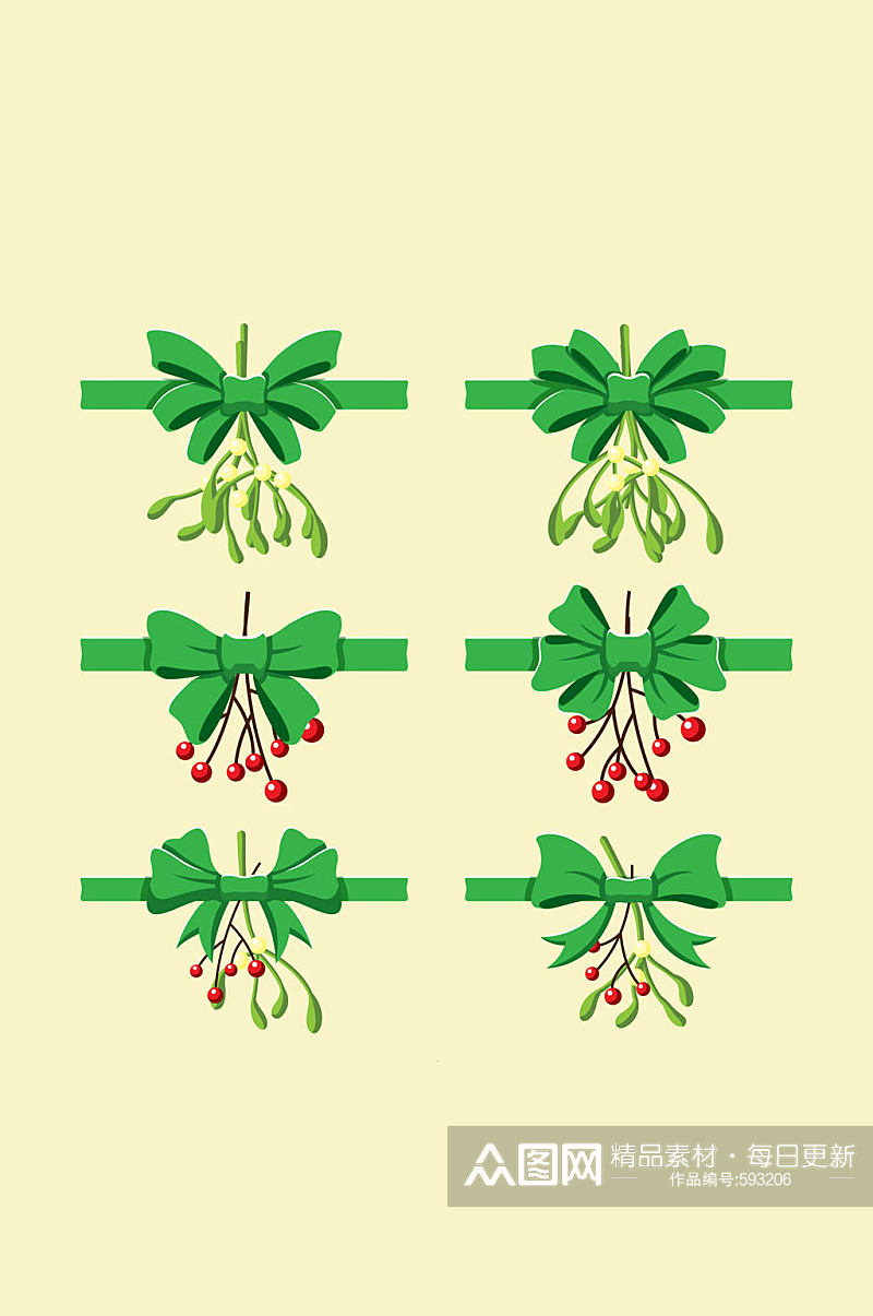 6款绿色圣诞植物蝴蝶结矢量素材素材