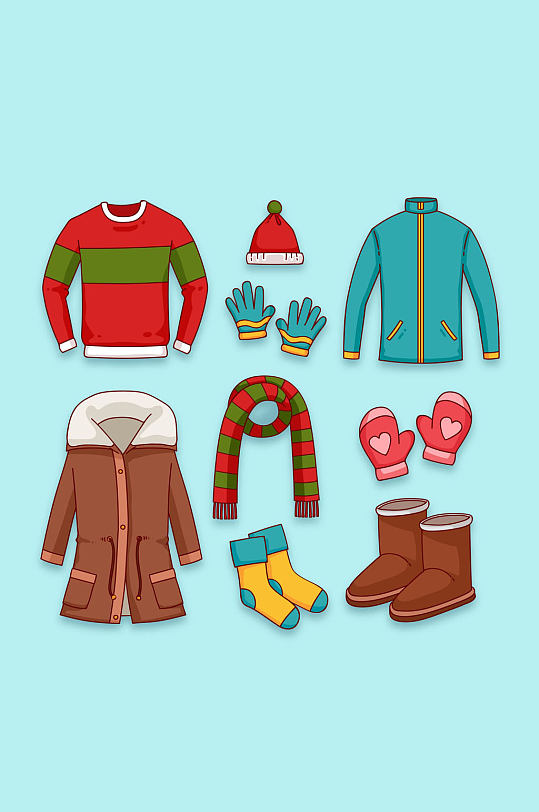 9款彩色冬季服装和配饰矢量图