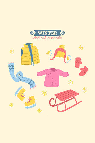 6款彩绘冬季服装和配饰矢量图