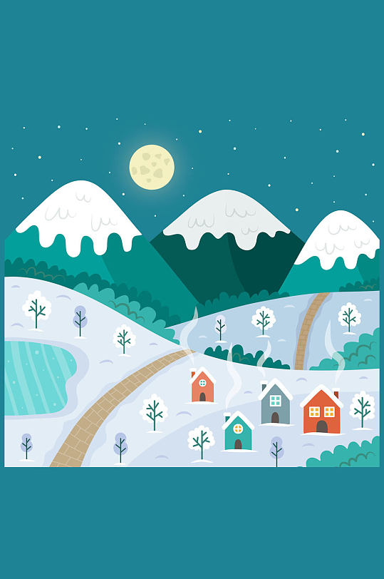 创意冬季夜晚村庄风景矢量素材