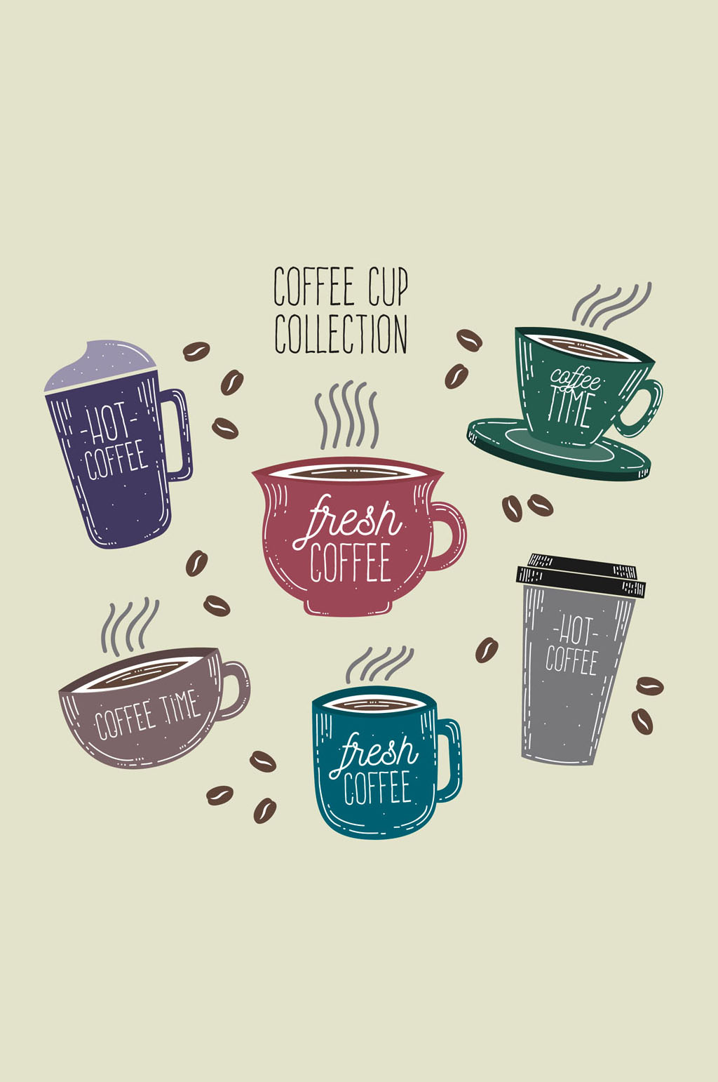 6款彩绘咖啡杯设计矢量素材