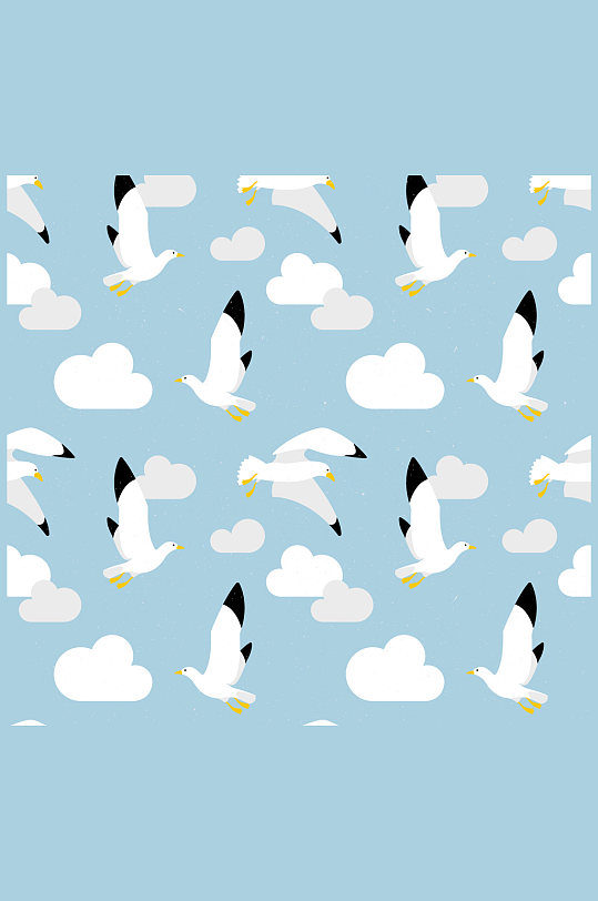 卡通海鸥和云朵无缝背景矢量图