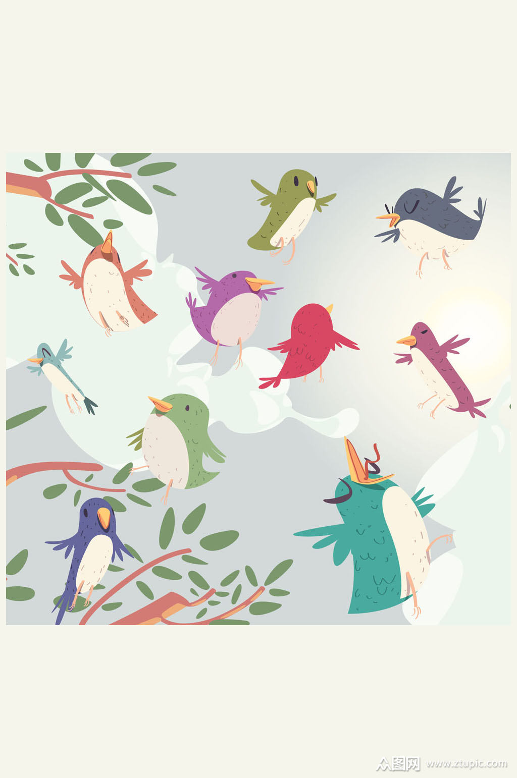 10只可爱树梢上的鸟矢量素材