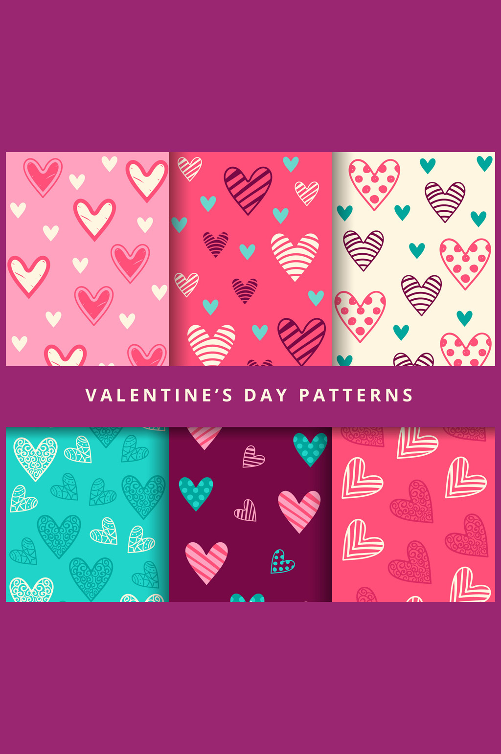 6款彩色情人节爱心无缝背景矢量图