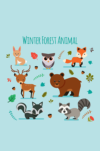 7款可爱冬季森林动物矢量图