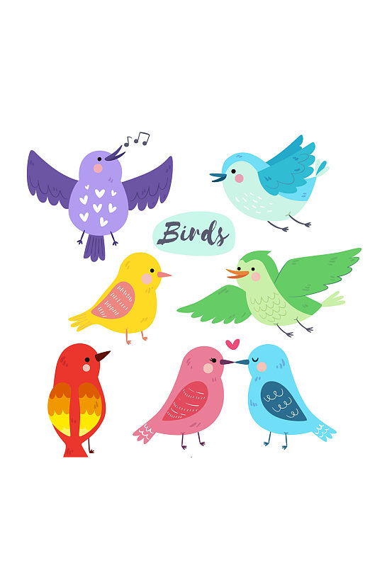 7款彩色可爱鸟类设计矢量图