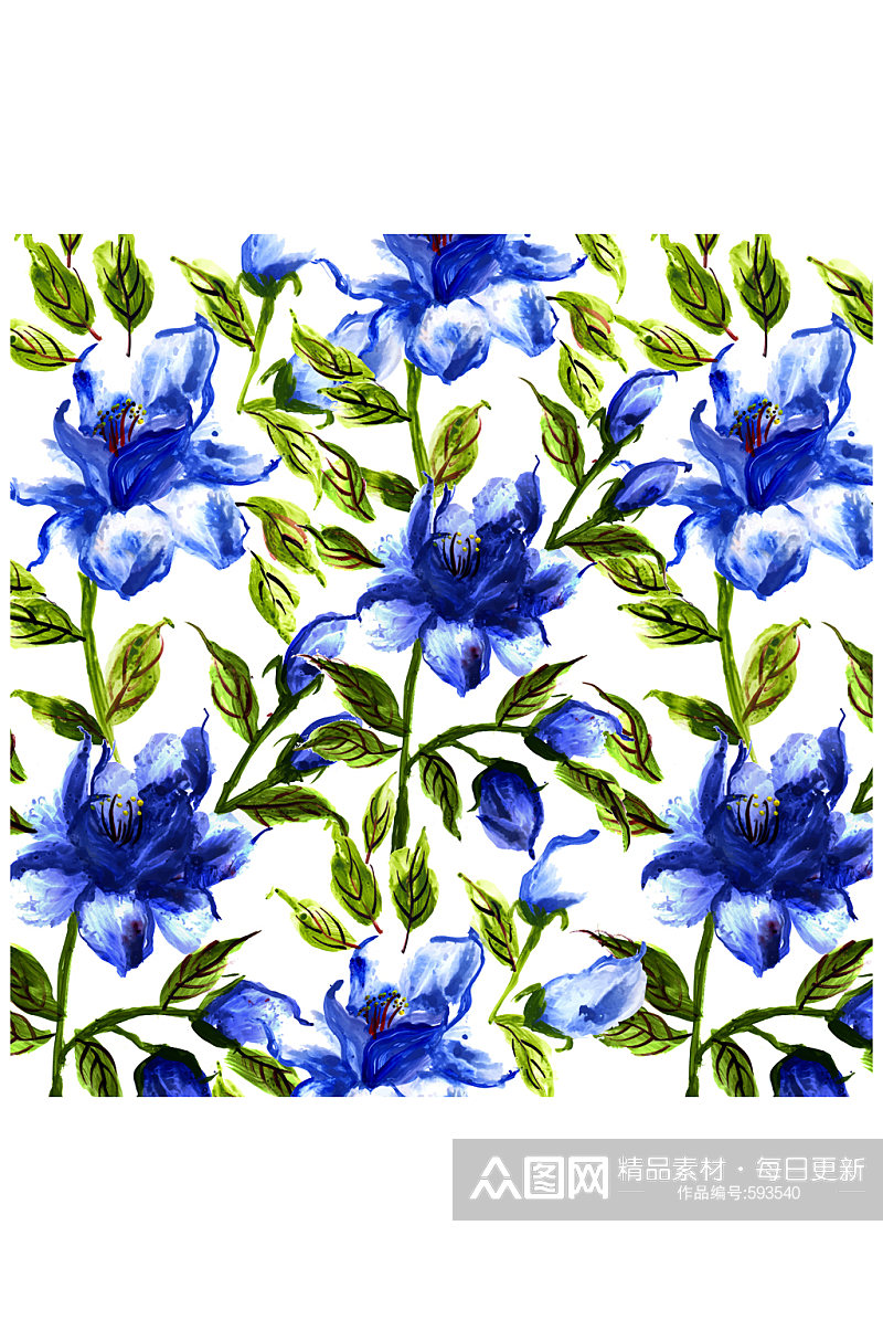 手绘蓝色花卉无缝背景矢量图素材