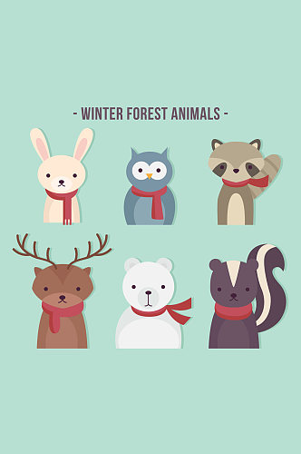 6款创意冬季森林动物半身像矢量图