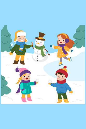 4个创意雪地玩耍的儿童矢量素材