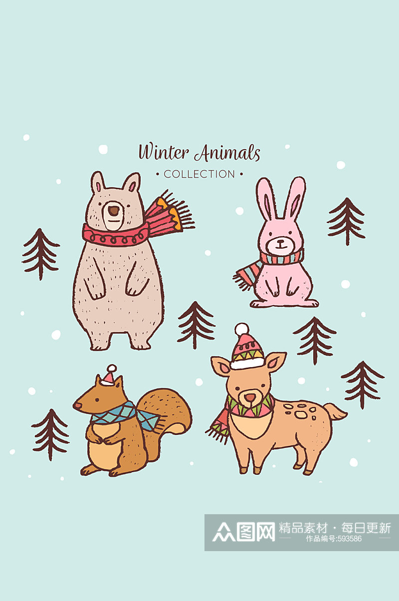 4款彩绘冬季动物矢量素材素材