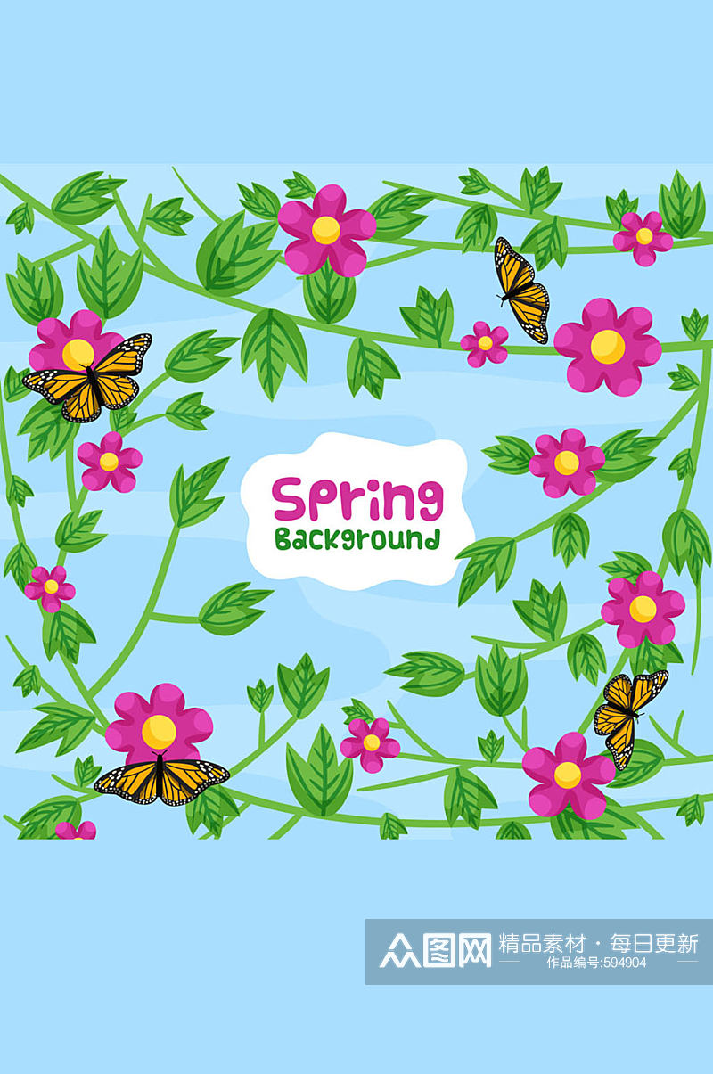 春季花枝和蝴蝶无缝背景矢量图素材
