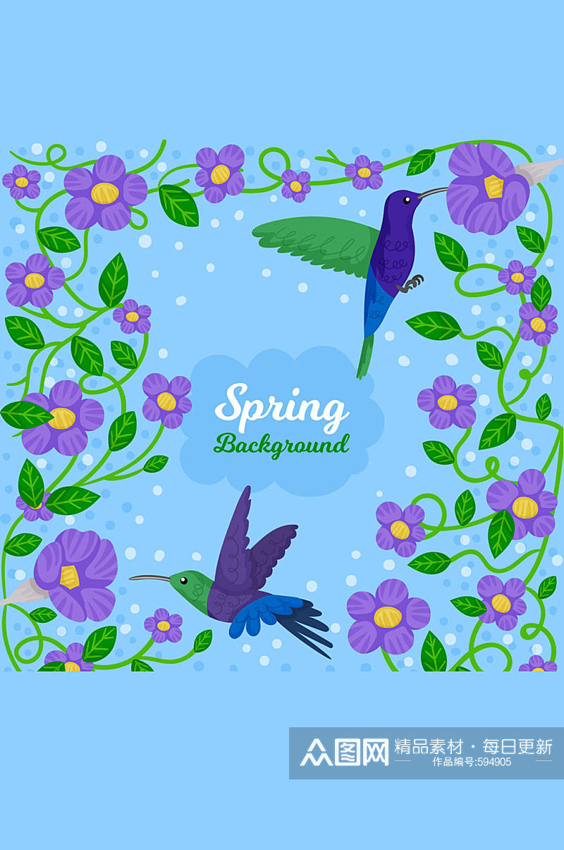 春季紫色花卉和蜂鸟矢量素材素材