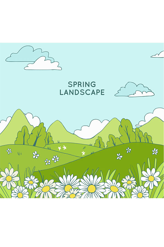 创意春季绿色草地花丛风景矢量图