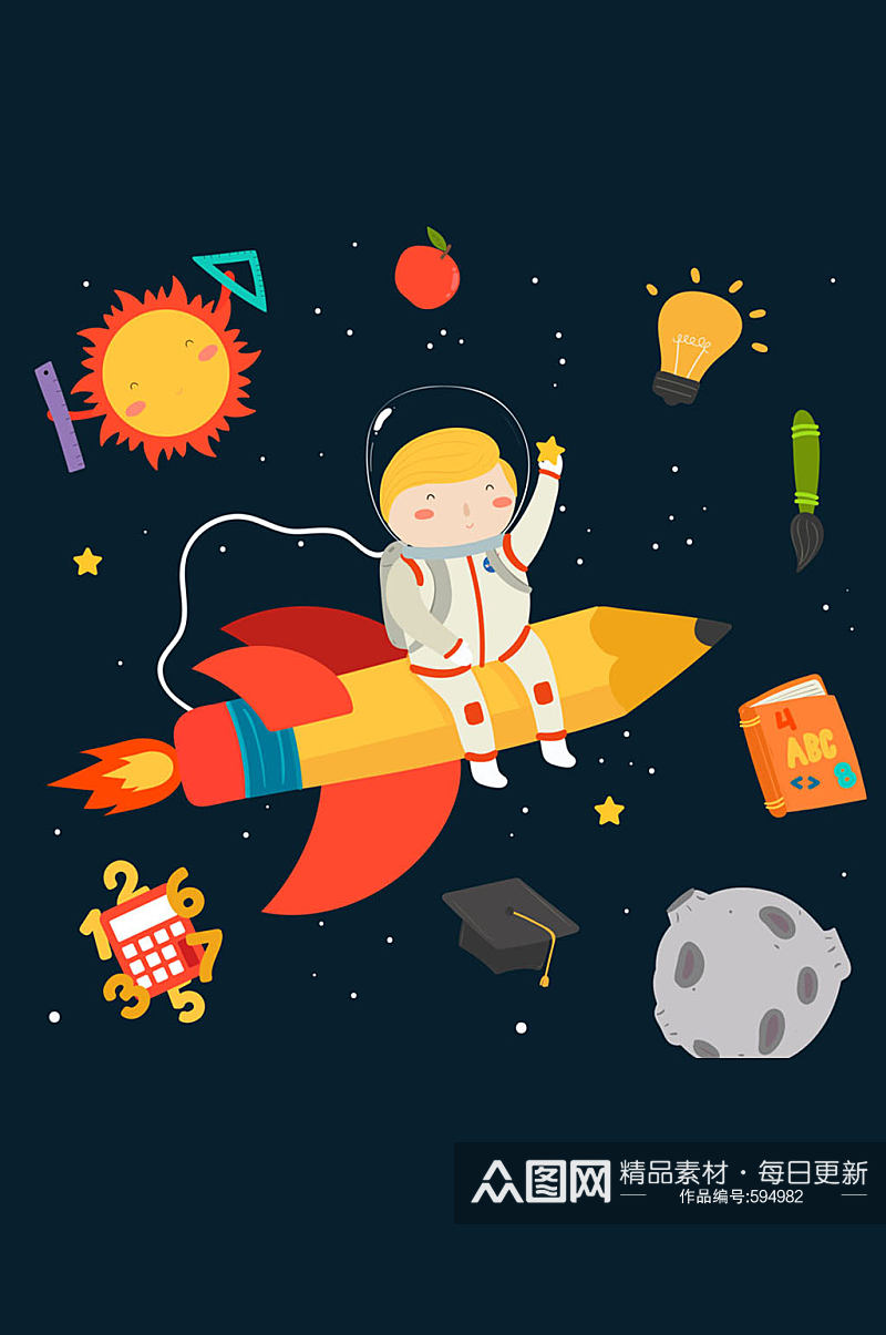 创意坐火箭遨游太空的男孩矢量图素材