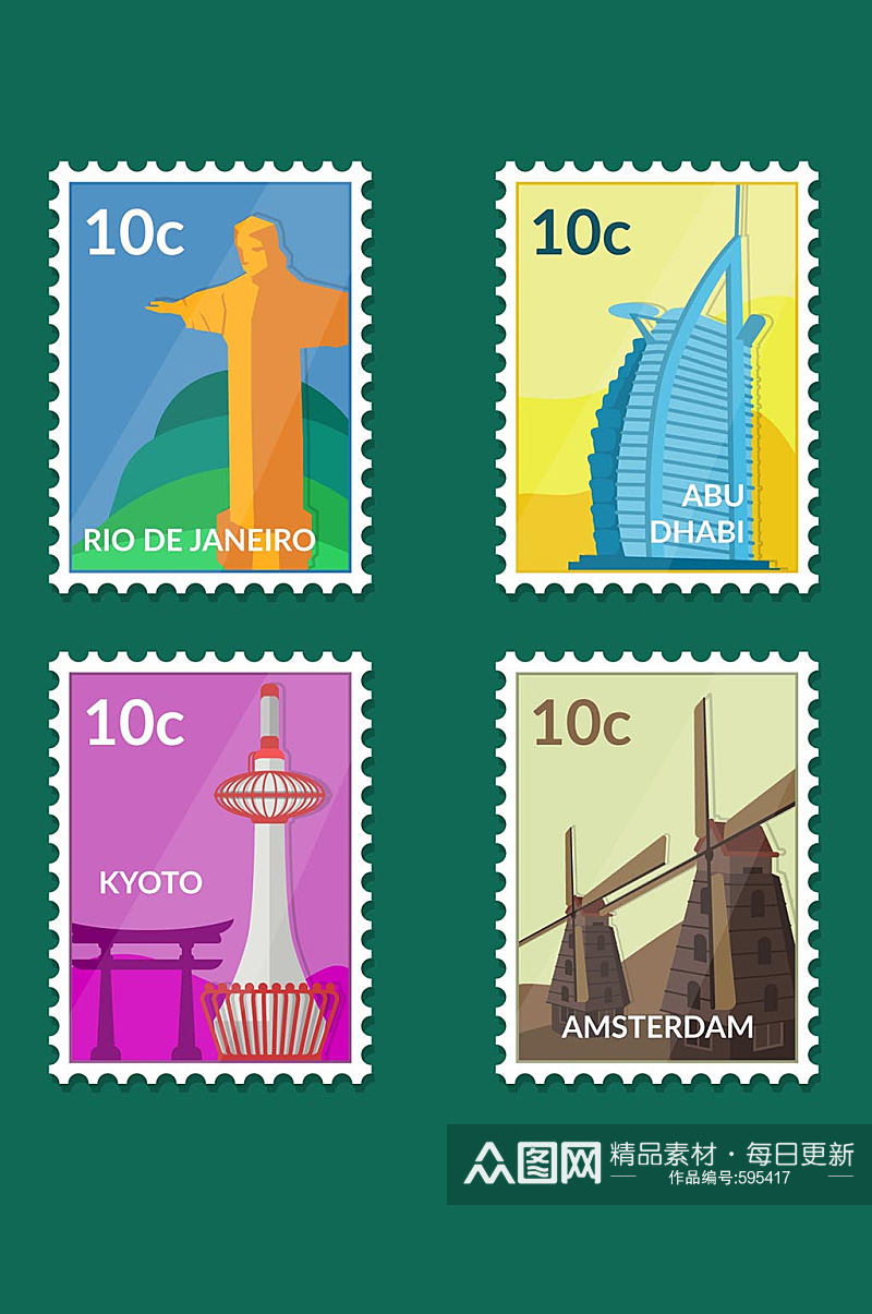 4款著名建筑风格邮票矢量图素材
