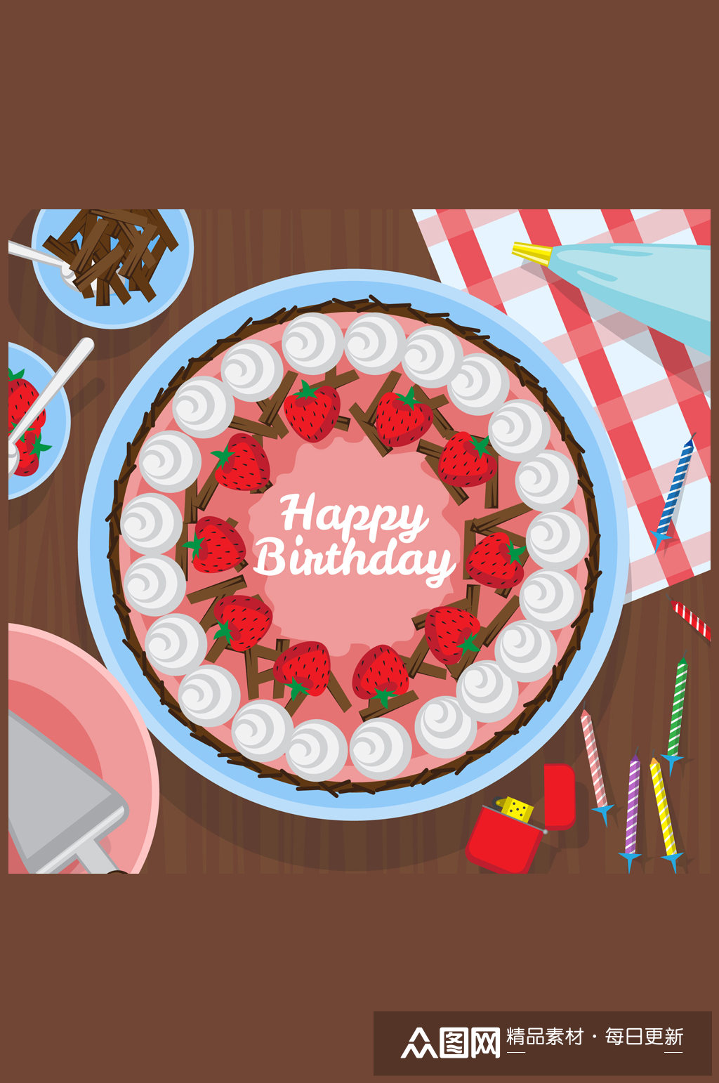 创意餐桌上的生日蛋糕俯视图矢量图