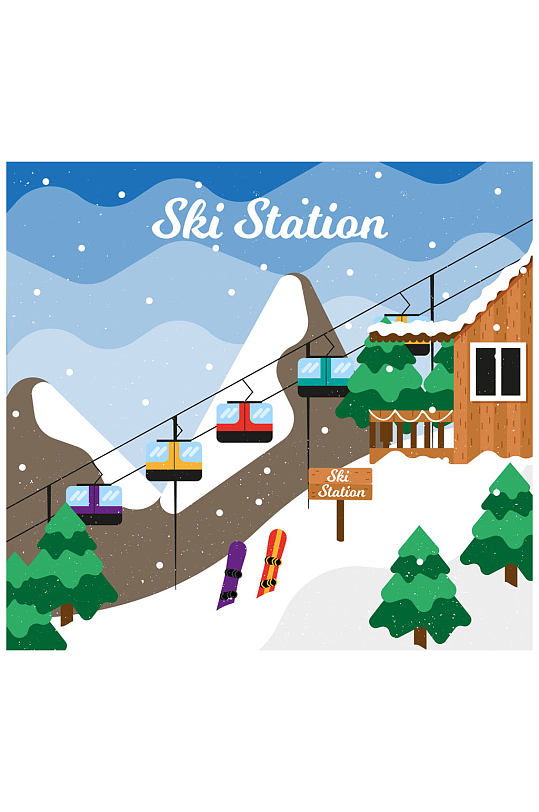 创意冬季滑雪缆车风景矢量素材