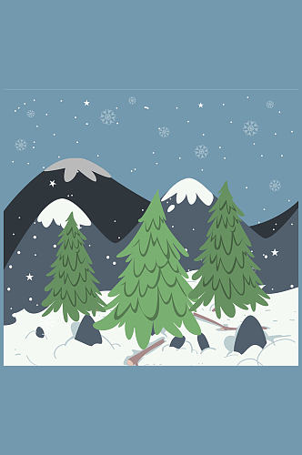 彩绘冬季雪山树木风景矢量素材