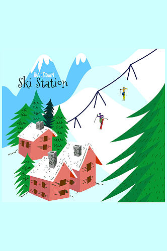彩绘雪山滑雪场设计矢量素材