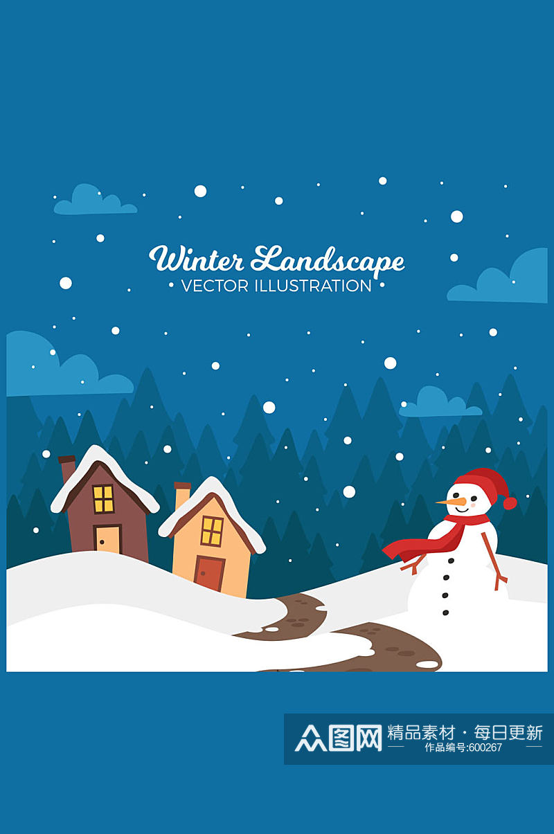 创意冬季房屋和雪人风景矢量图素材