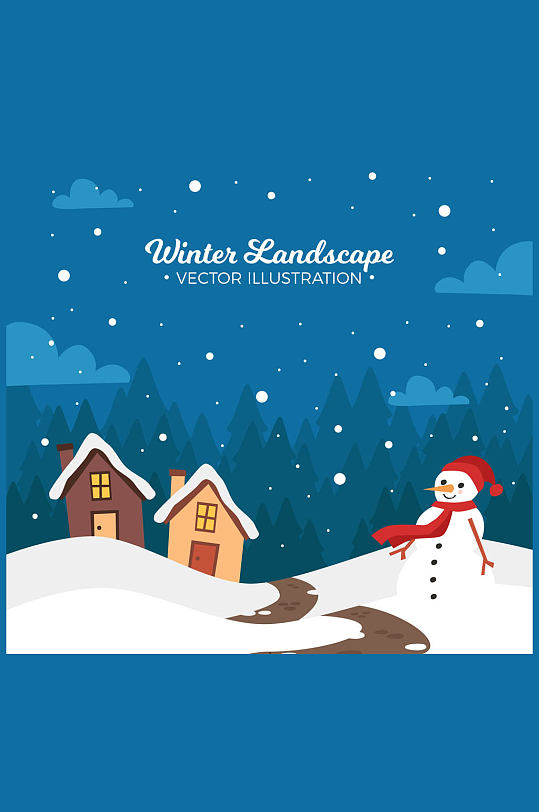 创意冬季房屋和雪人风景矢量图