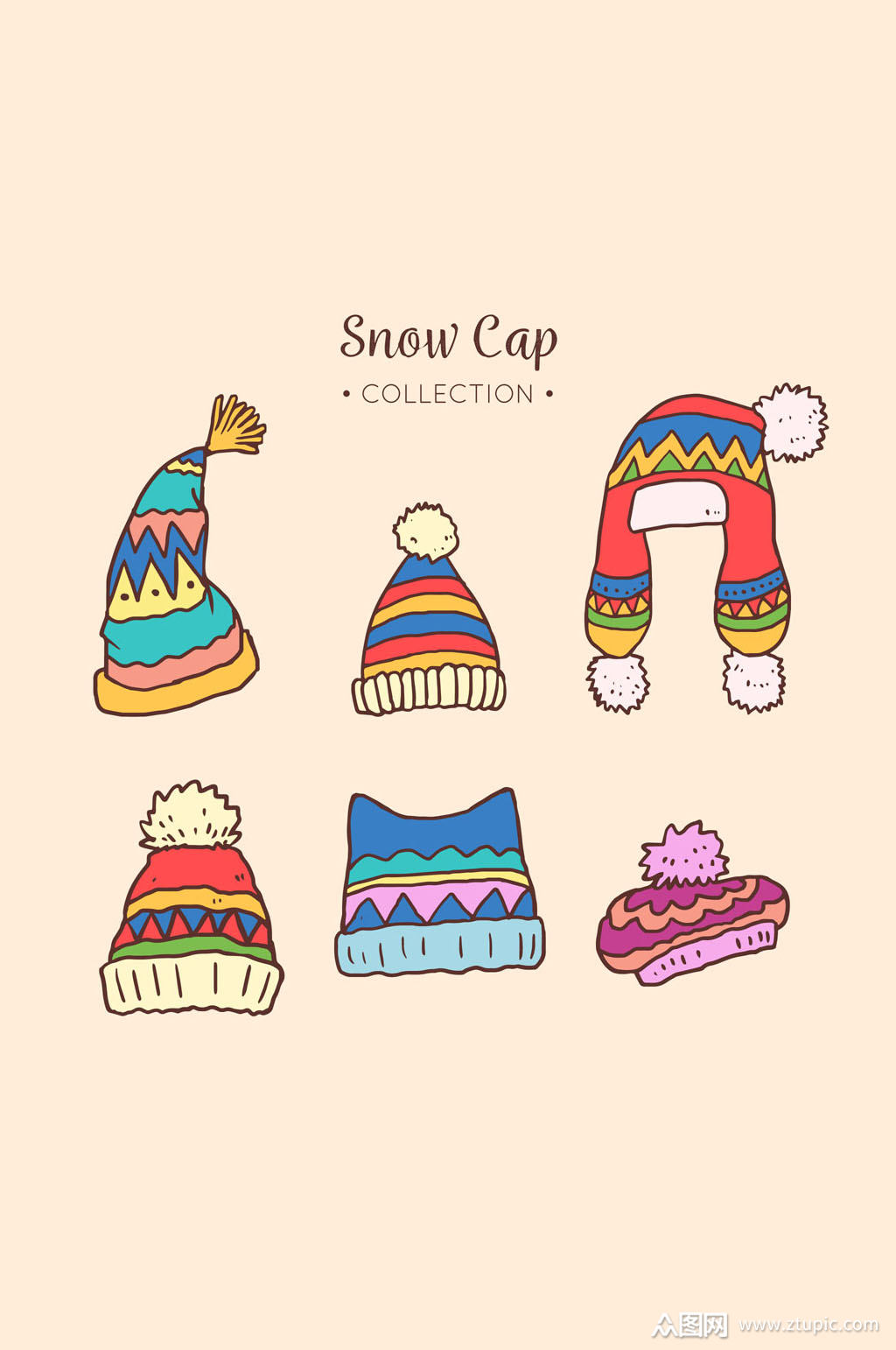 6款彩色冬季花纹帽子矢量素材素材