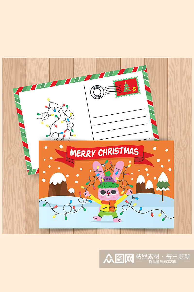 彩绘兔子圣诞节明信片正反面矢量图素材