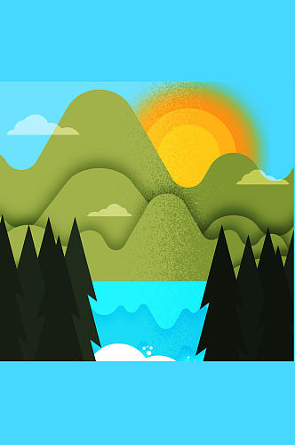 创意山和太阳湖泊风景矢量图
