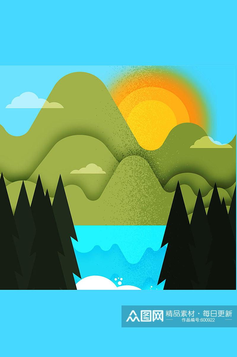 创意山和太阳湖泊风景矢量图素材