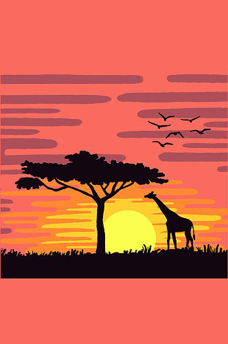 夕阳下的非洲面包树和长颈鹿矢量素材