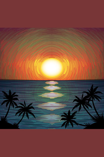 创意海边日落和椰子树风景矢量素材