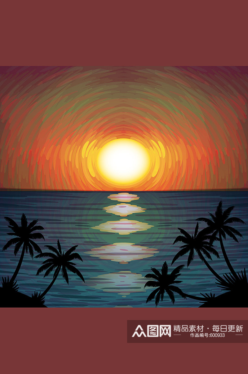 创意海边日落和椰子树风景矢量素材素材