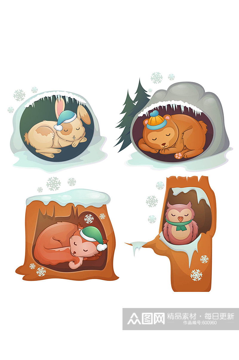 4款卡通冬眠动物矢量素材素材