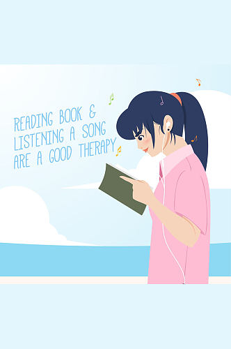 卡通边听音乐边读书的女孩矢量素材