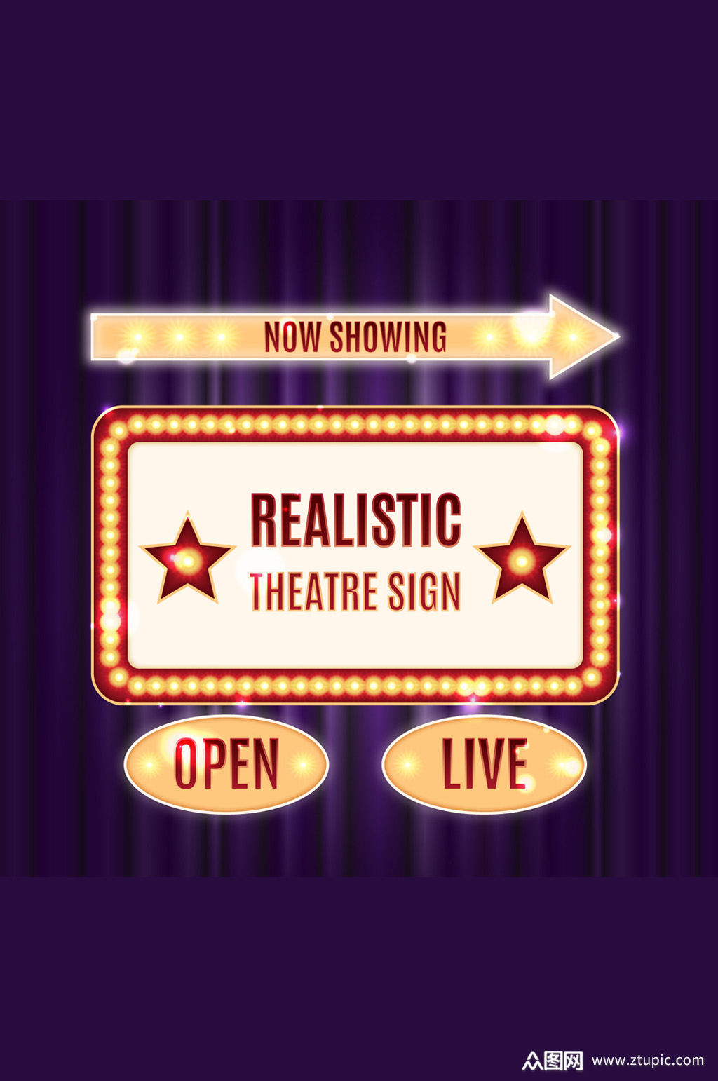 4款彩色剧场霓虹灯牌矢量素材模板下载-编号602726-众图网