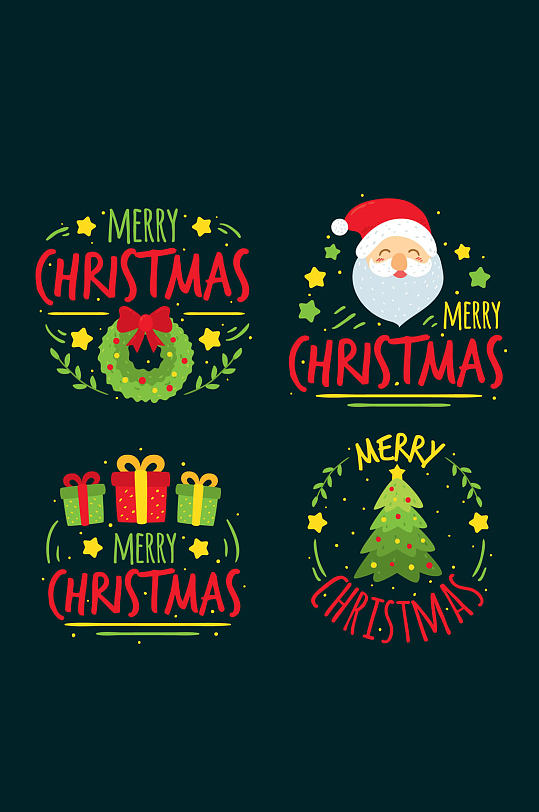 4款彩绘圣诞快乐标签矢量图