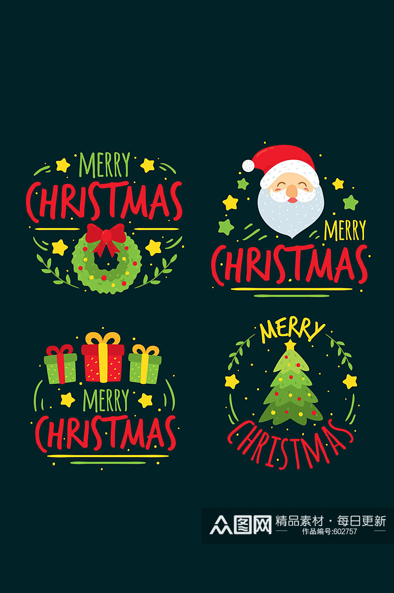 4款彩绘圣诞快乐标签矢量图素材