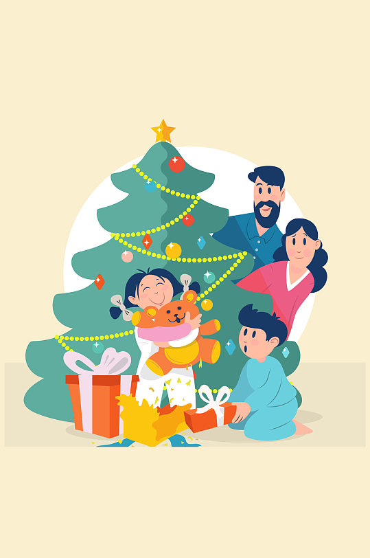 创意幸福圣诞节四口之家矢量图