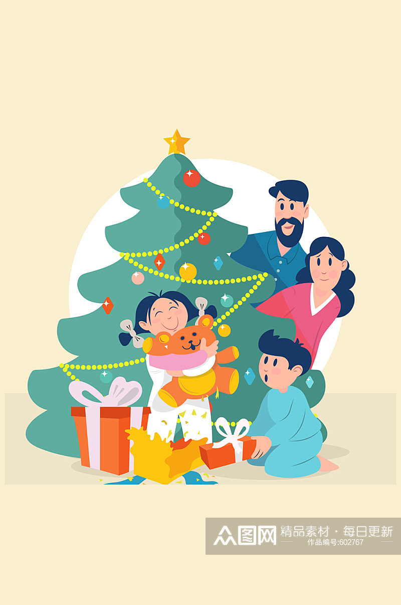 创意幸福圣诞节四口之家矢量图素材