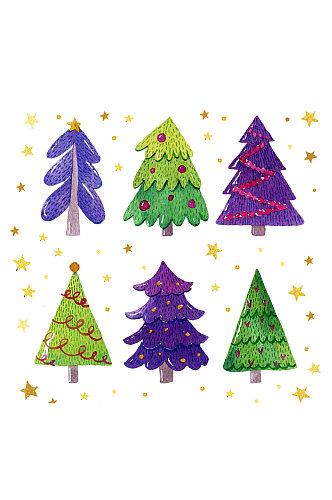 6款手绘彩色圣诞树矢量图
