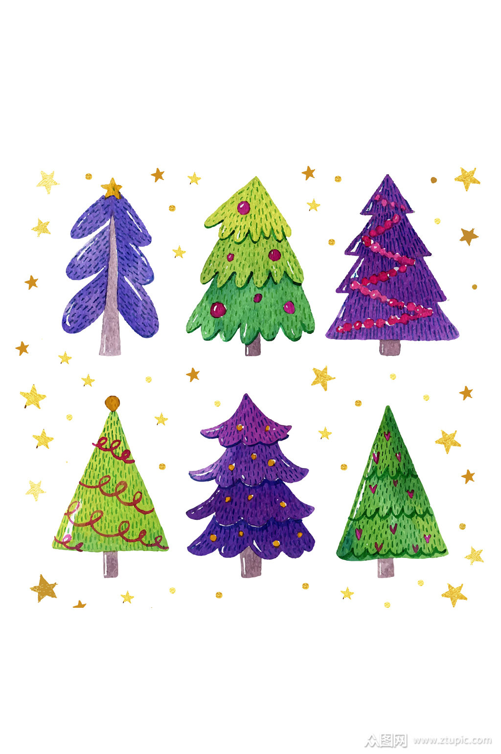 6款手绘彩色圣诞树矢量图