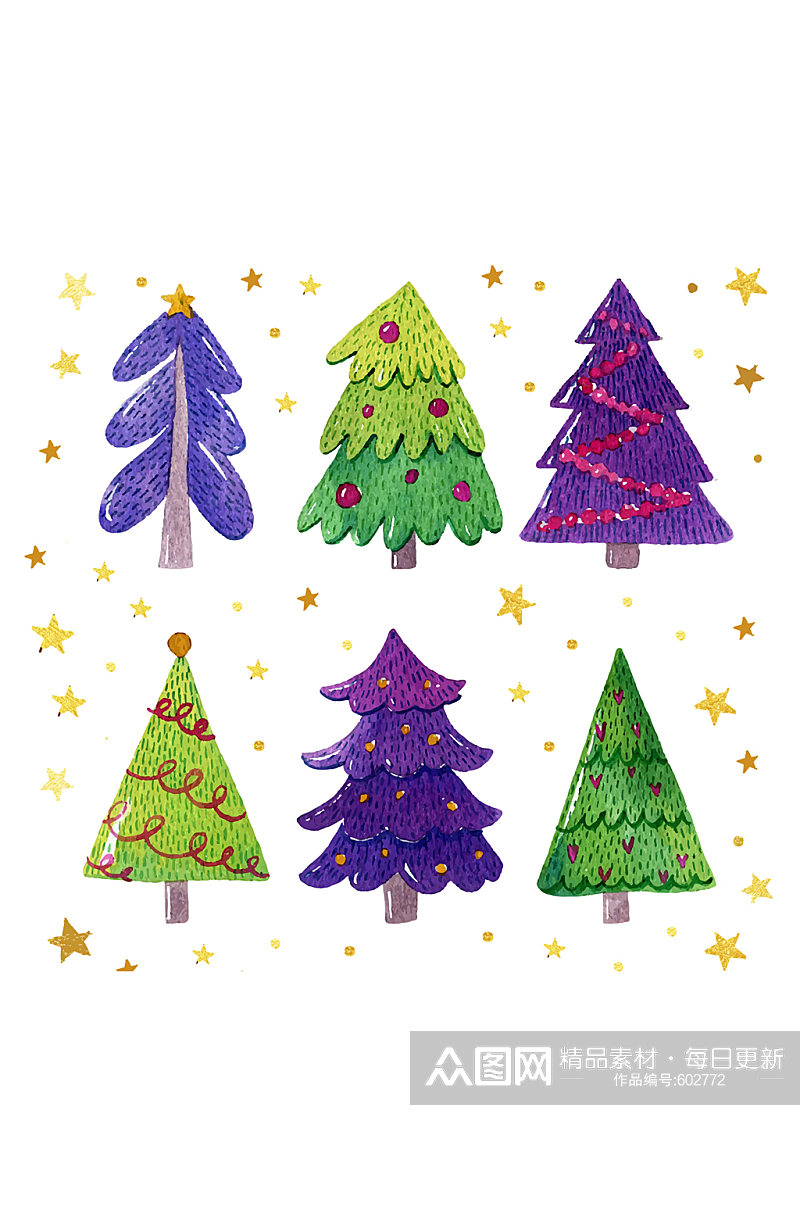6款手绘彩色圣诞树矢量图素材