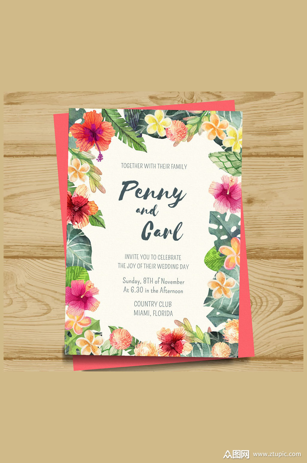 手绘花卉婚礼邀请卡设计矢量素材