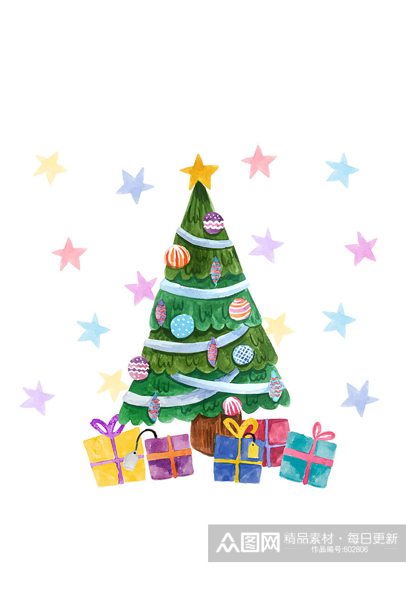 水彩绘圣诞树和礼盒矢量素材素材