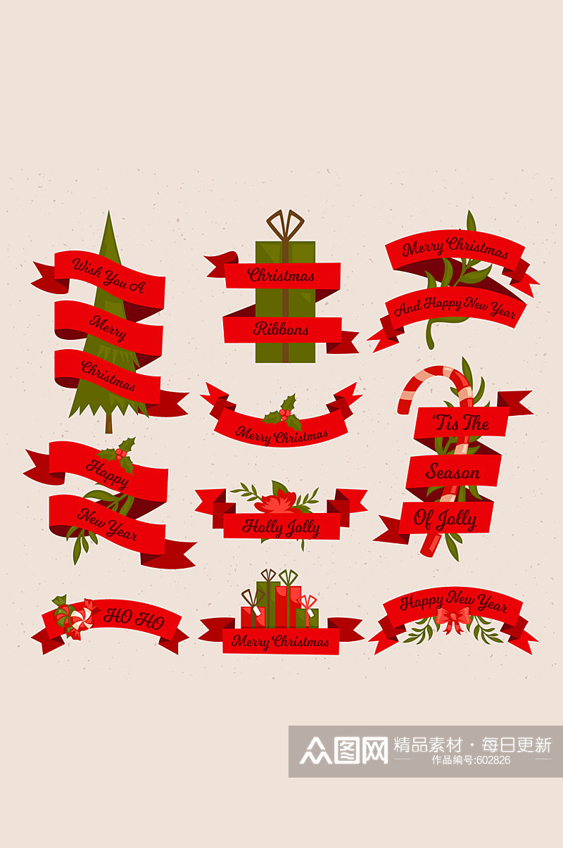 10款扁平化红色圣诞节条幅矢量素材素材