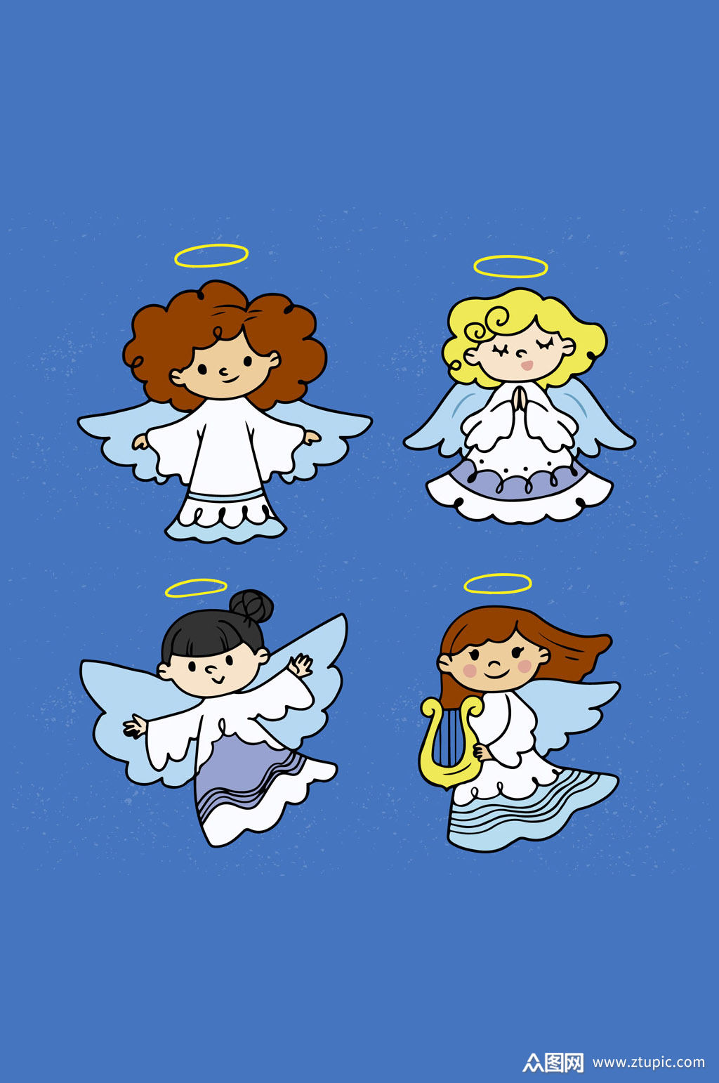 4款手绘圣诞节天使矢量素材