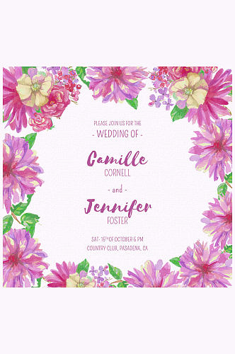 手绘紫色花卉框架婚礼海报矢量素材