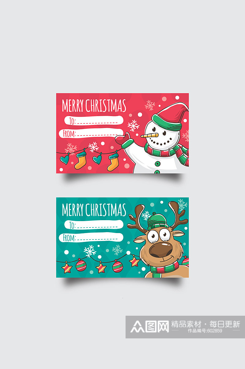 2款彩绘圣诞节留言卡片矢量素材素材
